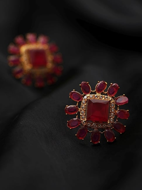 Aatmana Gold-Plated Marron & Ruby Studded Floral Stud Earrings for Women-picture-38