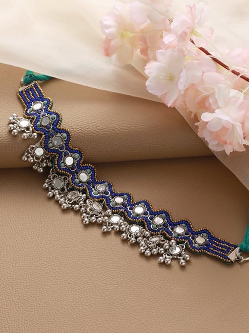 Aatmana Blue & Silver-Toned Mirror Work Beaded Set for Women