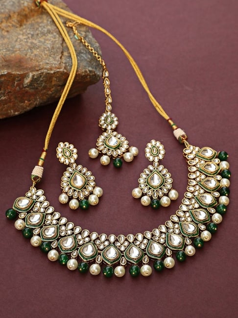 Aatmana Gold-Plated Green & White Kundan-Studded Beaded Handcrafted Necklace Set