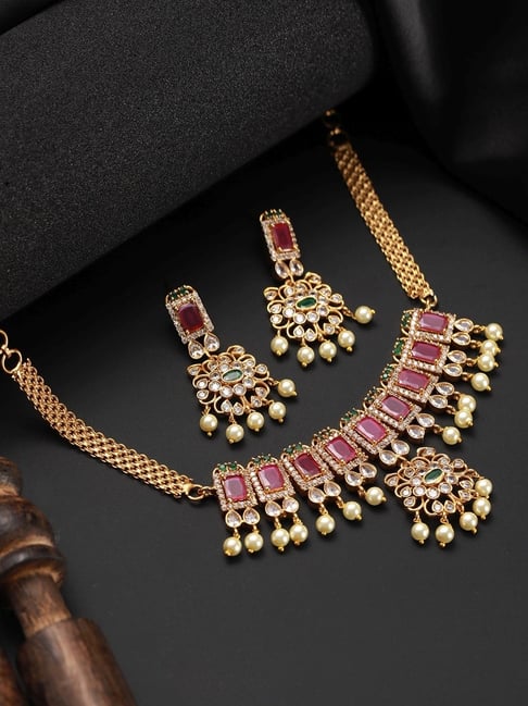 Premium Quality Emerald Stones,Flower,Hanging Earrings Design Gold Finished  Necklace Online