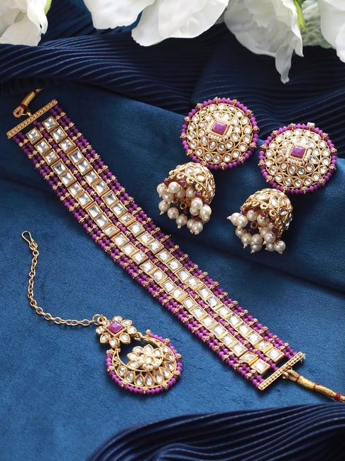 Buy SOHI Gold Plated Designer Stone Beaded Necklace Earrings and Maang  Tikka Set Online