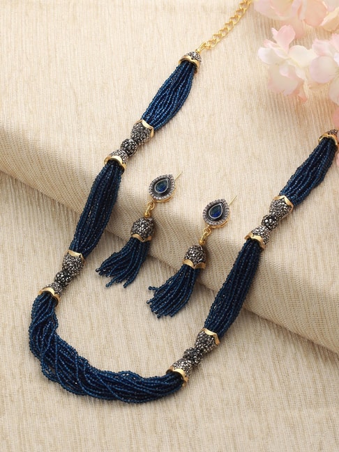 Navy Blue Pearl Cluster Necklace and Earrings Set - Cissy Pixie