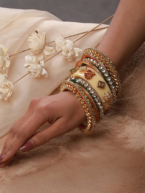 Aatmana Gold-Plated White Stone-Studded & Beaded Cream Chuda Bangles - Set of 18