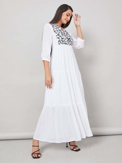Styli Embroidered Panel Viscose Tiered Maxi Dress