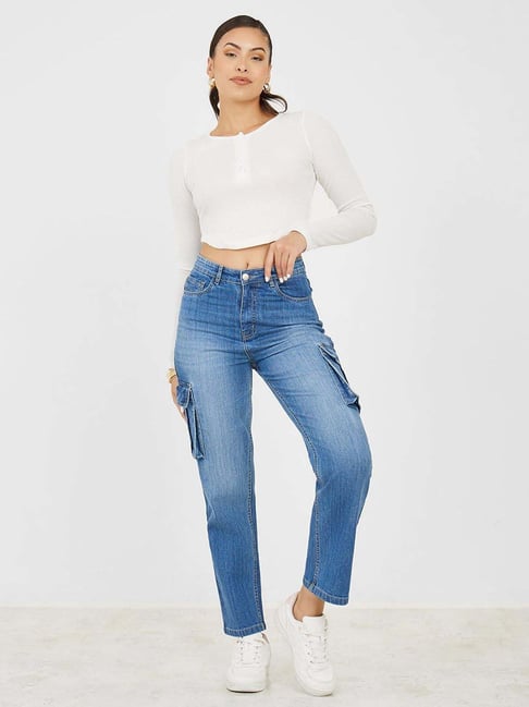 Buy Styli Blue Cotton Mid Rise Jeans for Women Online @ Tata CLiQ