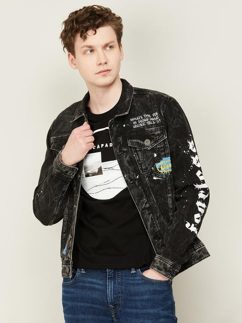 Forca by Lifestyle Black Cotton Slim Fit Printed Denim Jacket