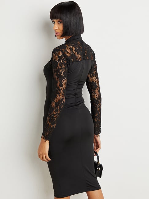 Sheer-sleeve bodycon midi dress :: LICHI - Online fashion store