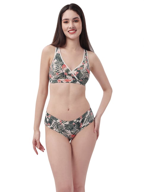 Soie Off White & Green Printed Non-Padded Non-Wired Bra & Panty Set-picture-12