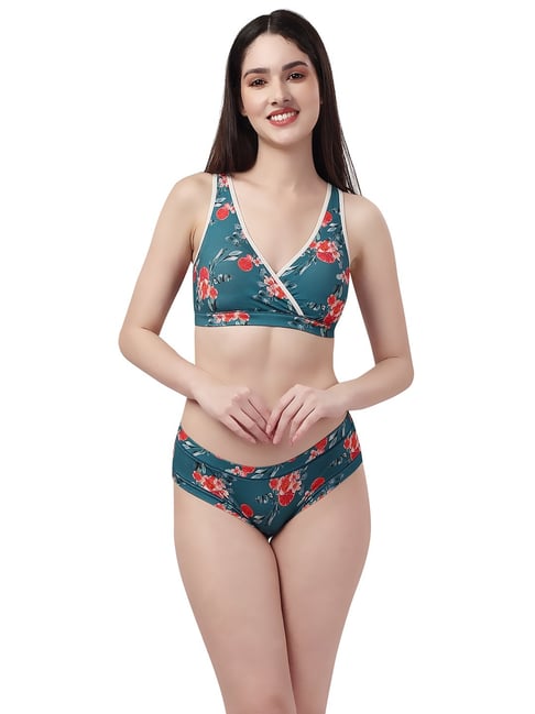 Soie Teal Printed Non-Padded Non-Wired Bra & Panty Set-picture-40