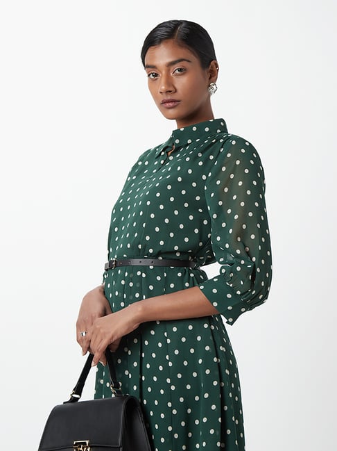 Wardrobe by Westside Dark Green Polka Dot Dress With belt