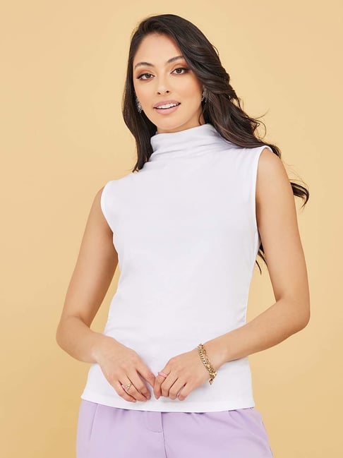 white cotton sleeveless turtleneck