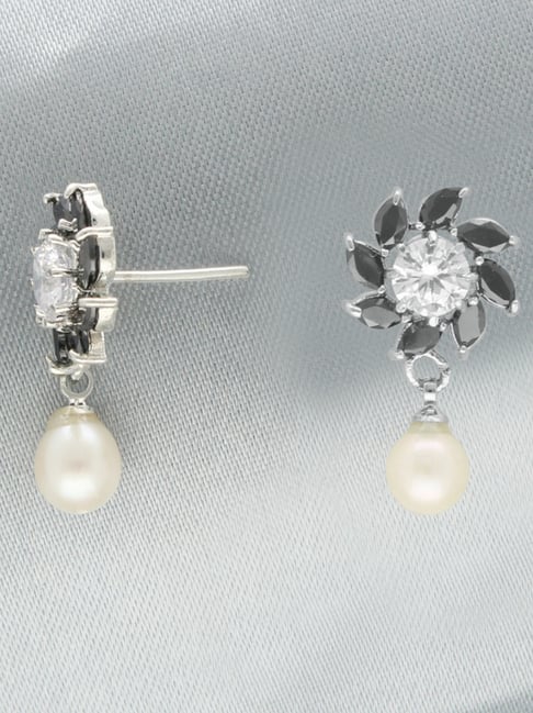 18k Diamond, Black and White Pearl Earrings