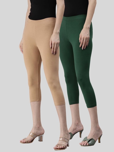 Kryptic Beige & Green Cotton Capris - Pack Of 2