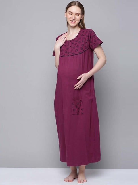 Kryptic Purple Cotton Printed Maternity Nightdress
