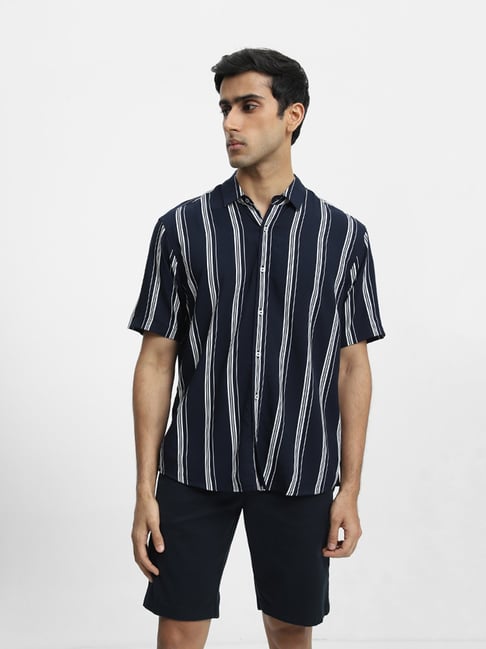 Ascot by Westside Navy Striped Relaxed Fit Shirt