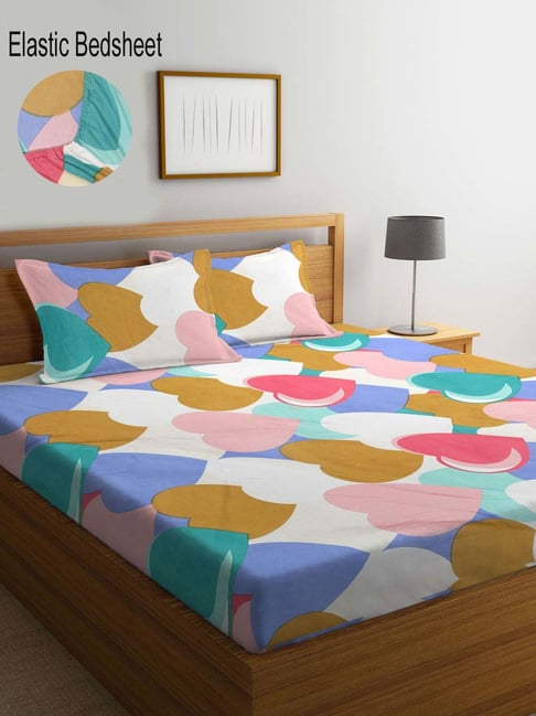 Klotthe Multicolor Cotton Blend 300 TC Elastic Bed Sheet With 2 Pillow  Covers