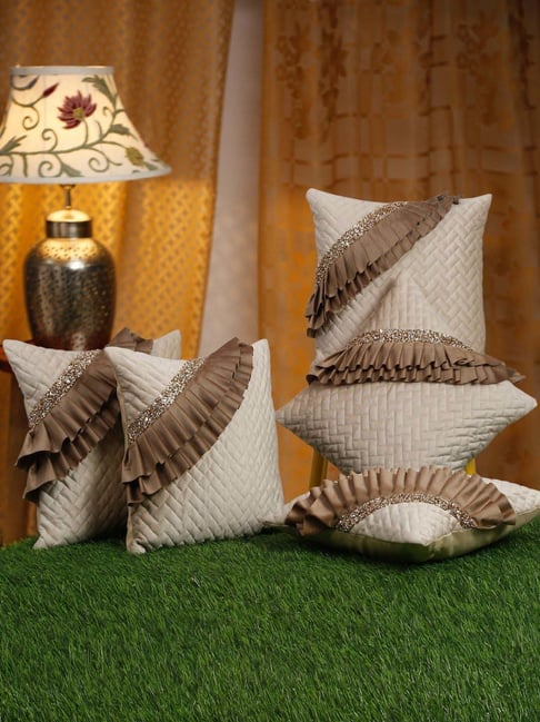 Buy Hosta Homes Beige Brown Velvet Frill Cushion Cover Set of