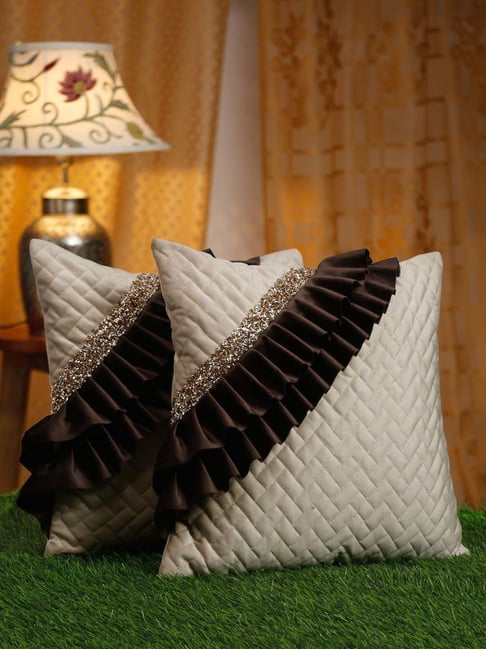 Hosta Homes Beige Brown Velvet Frill Cushion Cover Set of