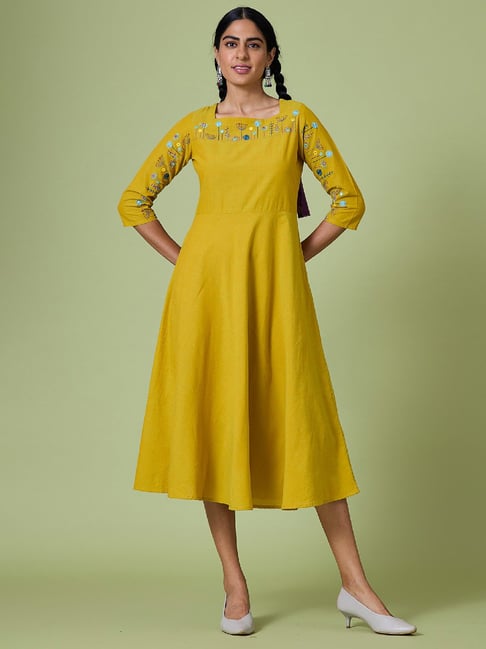 Okhai Mustard Hand Embroidered Fit Flare Dress