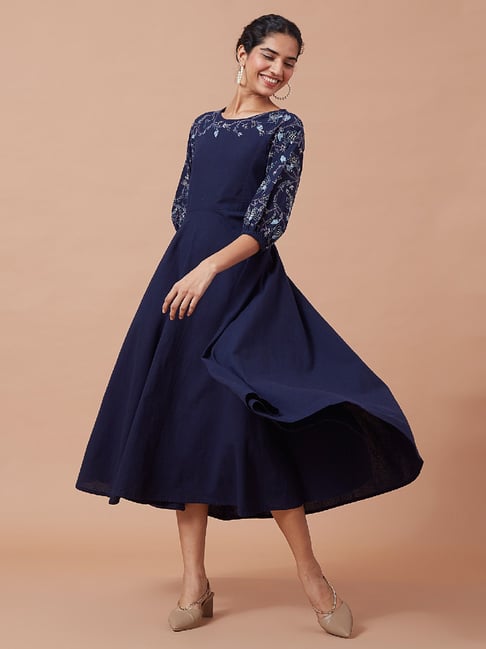 Okhai Navy Hand Embroidered Fit Flare Dress - Main Image