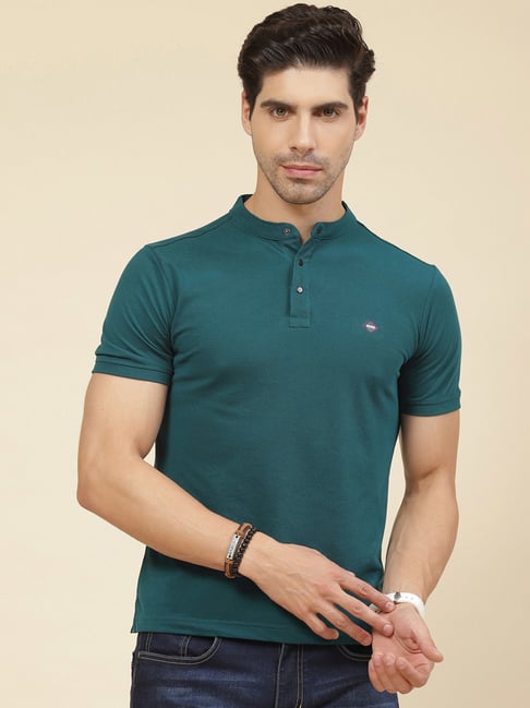 Cloak Decker by Monte Carlo Teal Green Regular Fit Mandarin