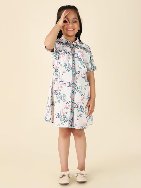 Fabindia Kids Off-White & Green Cotton Floral Print Dress-picture-37