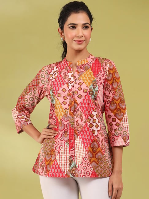 Rain and Rainbow Pink Cotton Printed A Line Short Kurti-picture-46