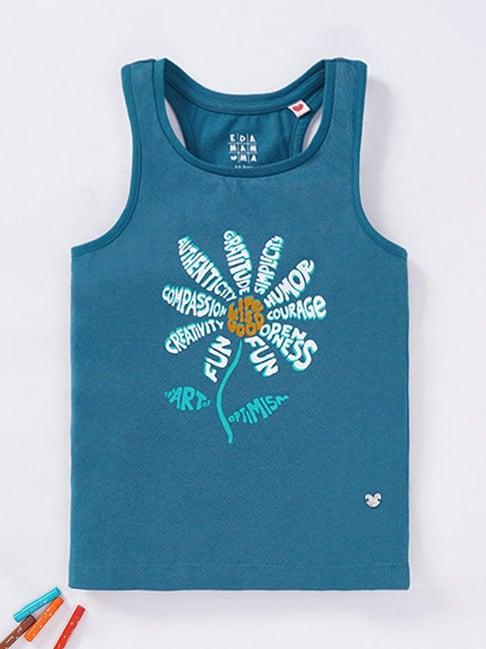 Ed-a-Mamma Kids Blue Cotton Printed Tank T-Shirt