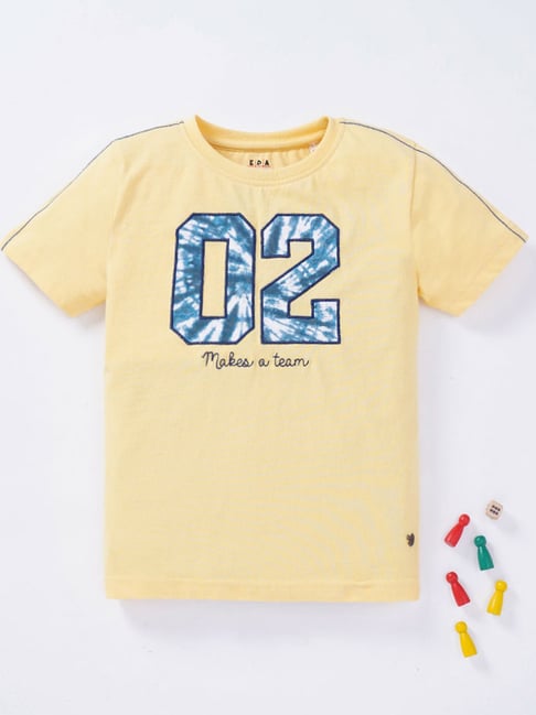Ed-a-Mamma Kids Yellow Cotton Embroidered T-Shirt-image-4