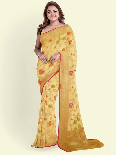 Banarasi Silk Works Yellow Cotton Woven Saree With Unstitched Blouse