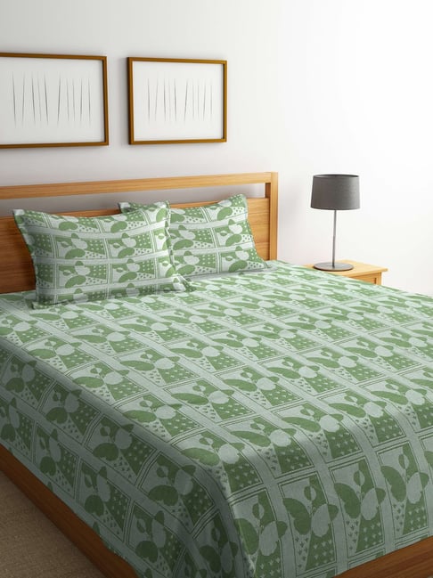 Klotthe Woven Green 350 TC Cotton Double Bed Cover With 2 Pillow Covers