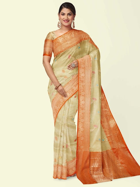 Beige weaving border work silk saree with blouse - KAD CREATIONS - 4260770