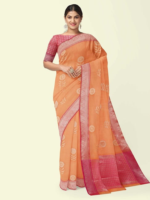 Peach Banarasi Organza Silk With Contrast Blouse and Pallu