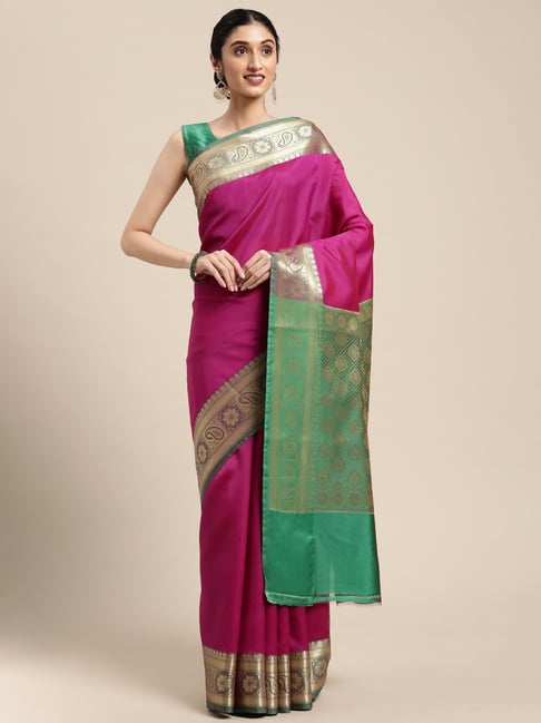 Banarasi Silk Works Pink Woven Saree With Unstitched Blouse