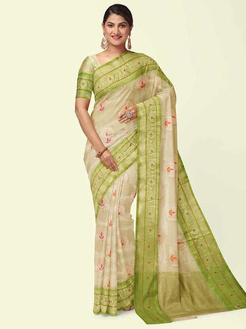 Banarasi Silk Works Beige & Green Cotton Woven Saree With Unstitched Blouse