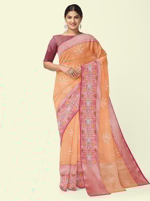 Banarasi Silk Works Peach Cotton Woven Saree With Unstitched Blouse-picture-25