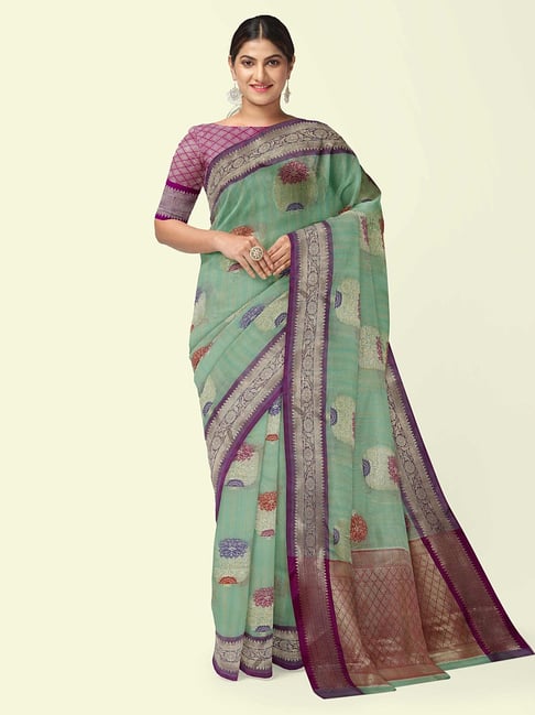 Banarasi Silk Works Sea Green Silk Woven Saree With Unstitched Blouse