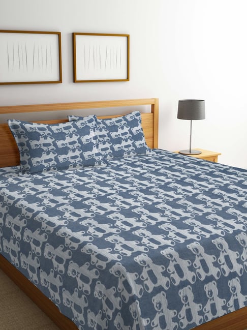 Klotthe Woven Blue 350 TC Cotton Double Bed Cover With 2 Pillow Covers