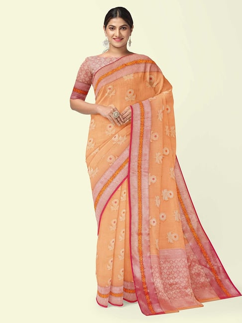 Banarasi Silk Works Peach Cotton Woven Saree With Unstitched Blouse-picture-22