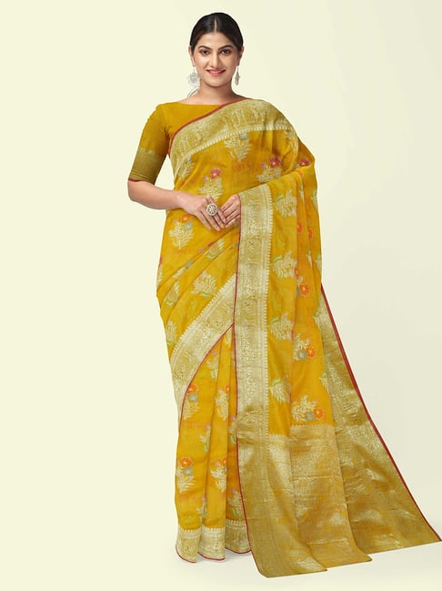 Yellow Banarasi Satin Silk Saree - Urban Womania