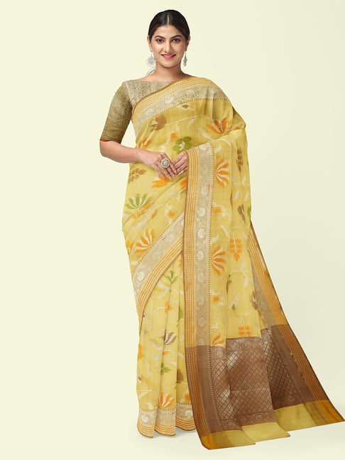 Yellow Handloom Cutwork Katan Silk Banarasi Saree with Booti – WeaverStory