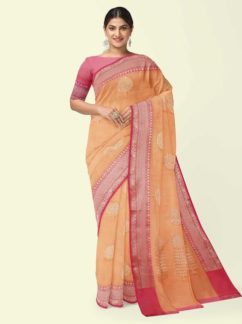 Banarasi Silk Works Peach Cotton Woven Saree With Unstitched Blouse-picture-23