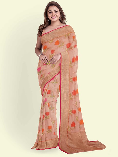 Peach Cotton Organza Woven Saree – Meena Bazaar