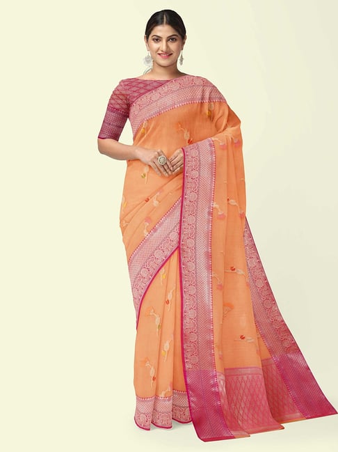 Banarasi Silk Works Peach Cotton Woven Saree With Unstitched Blouse-picture-24