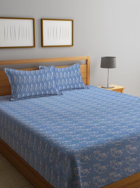 Klotthe Woven Blue 350 TC Cotton Double Bed Cover With 2 Pillow Covers