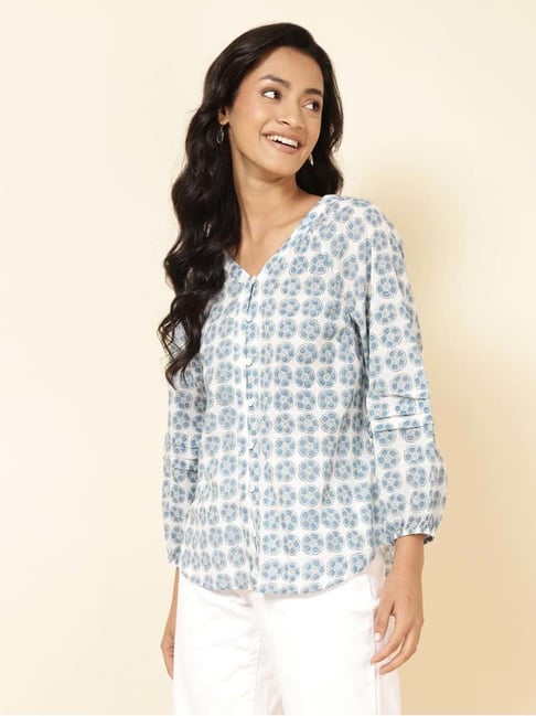 Fabindia White & Blue Cotton Printed Shirt-picture-36