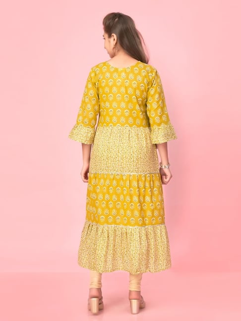 Buy Yellow Floral Printed Chiffon Readymade Nayra-cut Kurti From Ethnic Plus