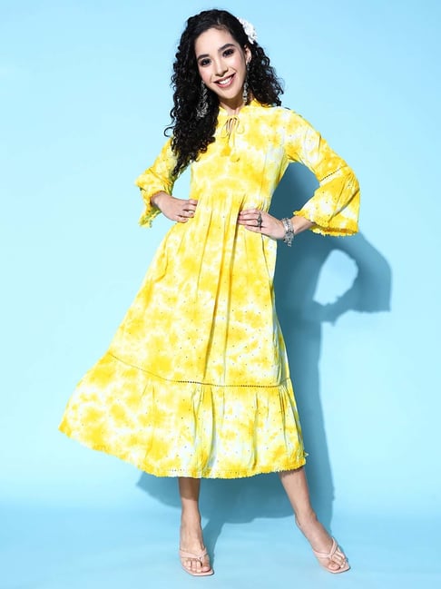 Indo Era Yellow Cotton Embroidered A-Line Dress Indo Era Yellow Cotton Embroidered A-Line Dress
