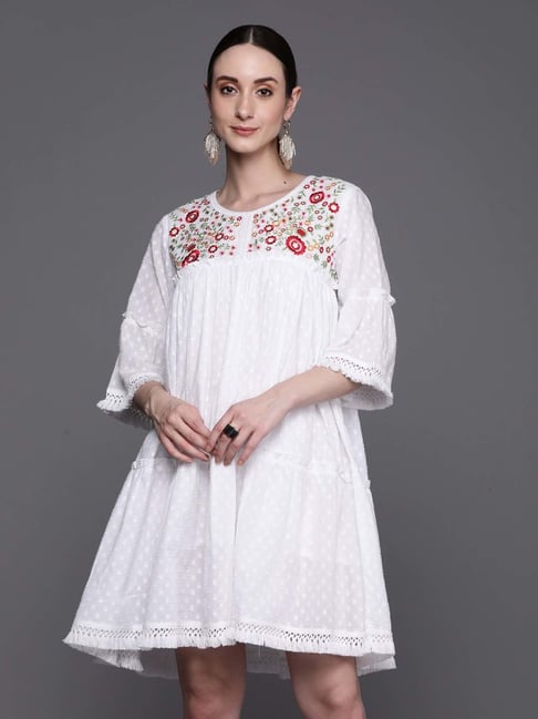 green emerald velvet dress Ivory Floral Embroidered Shift Dress - Mini Dresses