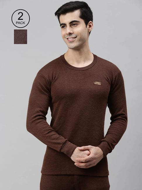 Buy Lux Cottswool Men Brown Solid Cotton Blend Pack Of 2 Thermal